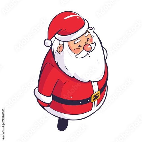 Cartoon illustration of Santa Claus in his red suit and hat, looking down with a slight smile.