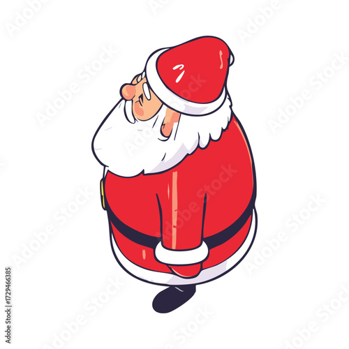 Cartoon illustration of Santa Claus standing, with a red suit, hat, white beard, and black boots.