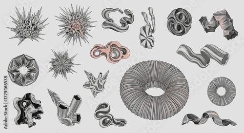 Abstract Geometric Sculptures and Organic Forms in a Textured Monochrome Palette