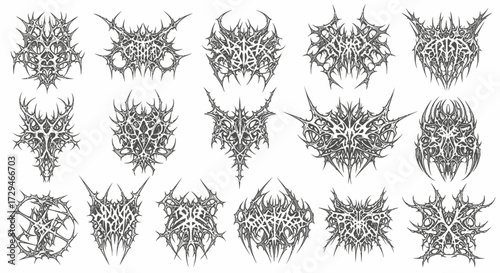 Collection of Visceral and Brutal Band Logos for Extreme Music Genres Featuring Intricate and Chaotic Typography Styles