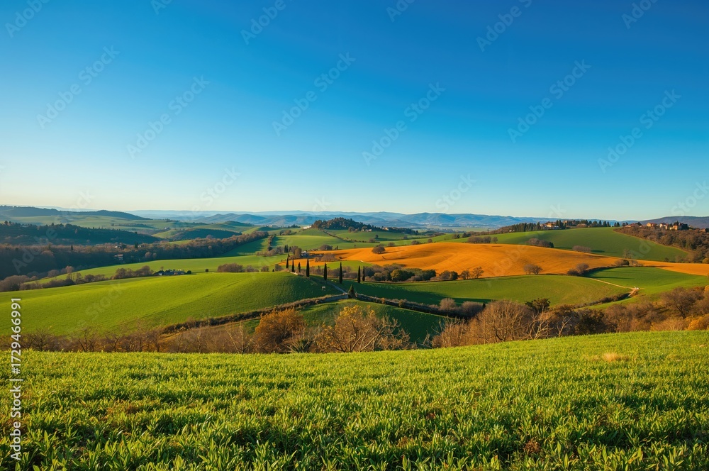 Fototapeta premium Rolling hills, grassy fields, and open meadows - classic scenery of a rural landscape. Concepts of travel, nature, and farming. Bright autumn afternoon, holiday vibes. Blank space for text.