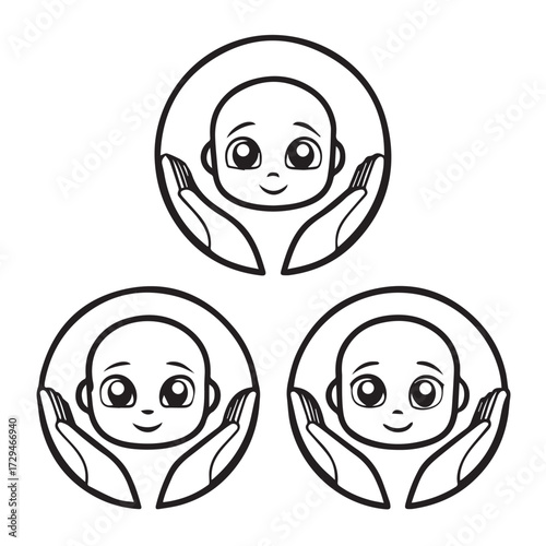 Three circular emblems isolated on white background showcase a childs face cradled by hands, symbolizing care, protection, and innocence in a minimalist black and white design