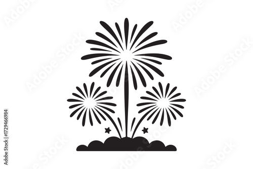 Black silhouette of three fireworks exploding in the night sky