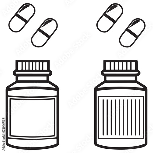 Two medicine bottles and four capsules are arranged, symbolizing healthcare and medication, isolated on white background