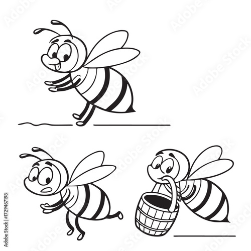 Cartoon illustration of bees isolated on white background, depicting various activities such as flying, running, and carrying a bucket, showcasing their busy and industrious nature