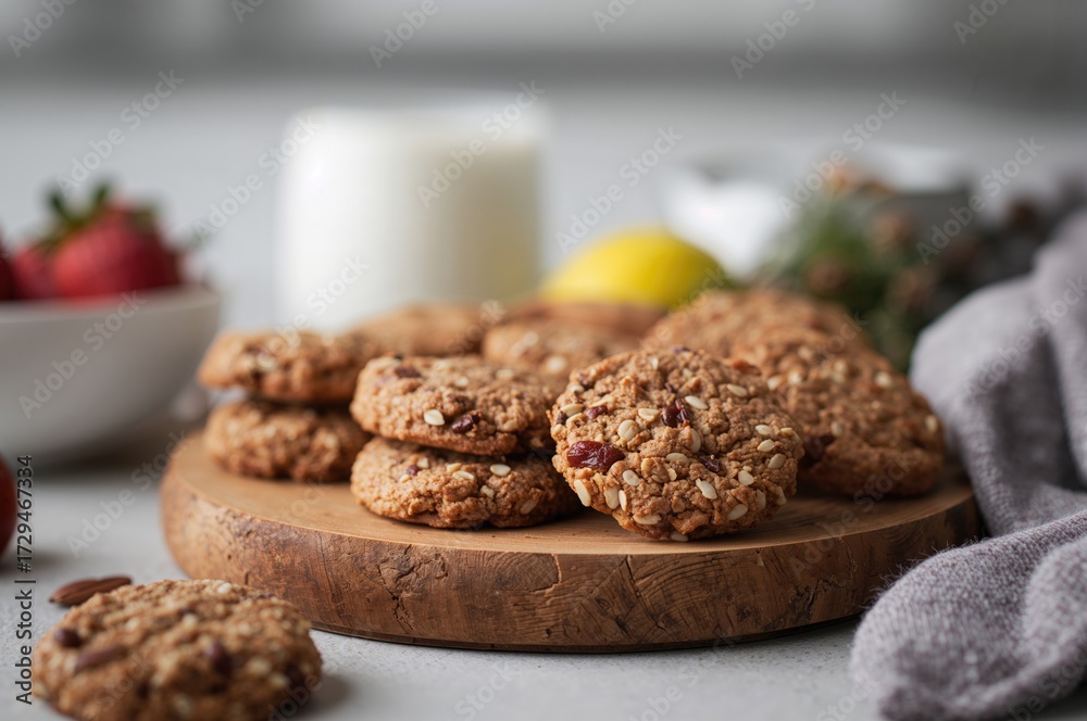 Fototapeta premium Freshly baked vegan multi-seed cookies on a rustic wooden platter