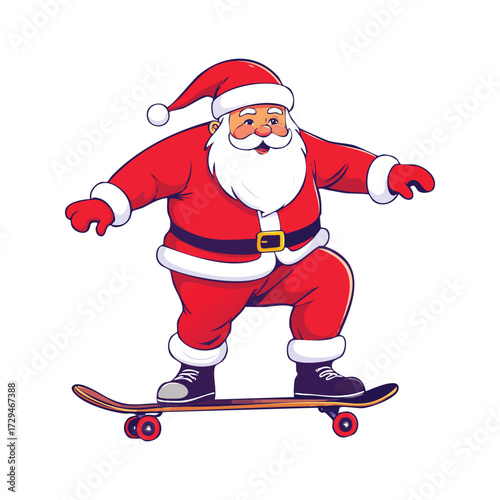 Santa Claus, dressed in red, joyfully skateboarding with a wide stance.