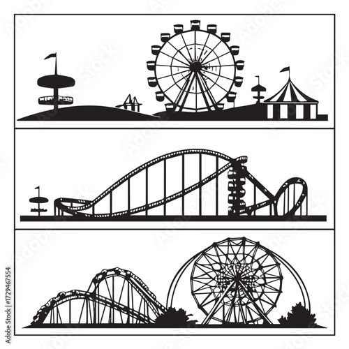 A whimsical black and white panorama of amusement park rides, including a ferris wheel and roller coaster, captures the excitement and joy of a day at the fair, isolated on white background