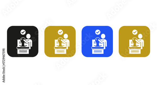 Illustration of a person making a decision or completing a task with approval and options represented by icons