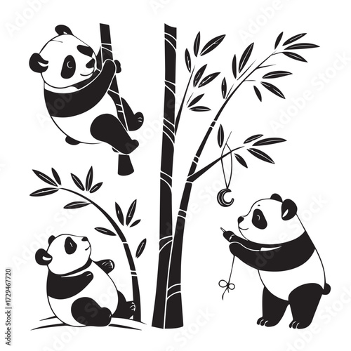 A charming illustration of playful pandas engaging in various activities around bamboo trees, set against a clean white background, exuding a sense of joy and innocence