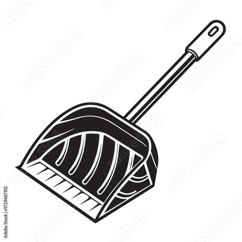 A black and white illustration of a dustpan, angled to show its scoop and handle, isolated on white background the simple design highlights the tools functionality