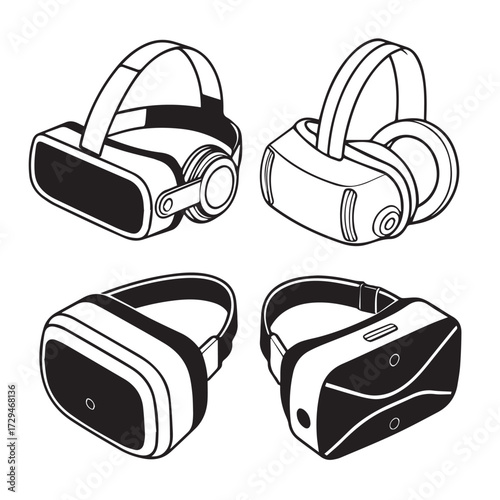 Virtual reality headsets isolated on white background, showcasing modern vr technology and design, ideal for gaming, simulation, and immersive experience visuals