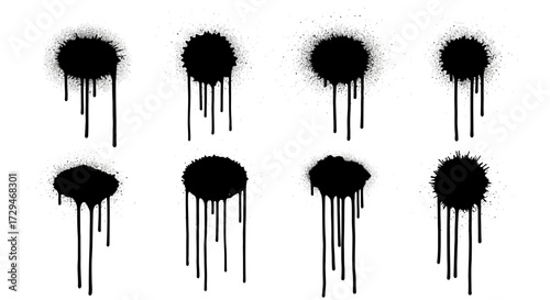 Eight Black Spray Paint Splatter Drips and Spots Abstract Grunge Elements for Artistic Designs