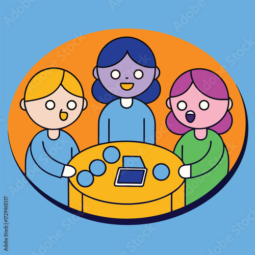 Three diverse cartoon children with big eyes and smiles happily playing a board game together around a round wooden table indoors