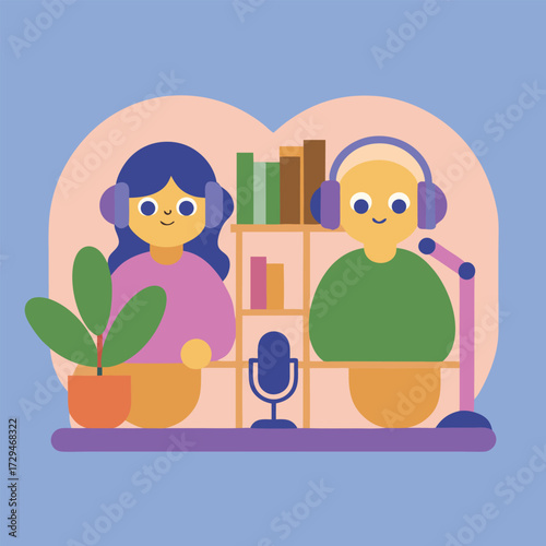 Two cartoon characters wearing headphones and speaking into microphones in a recording studio with books and a plant creating a podcast