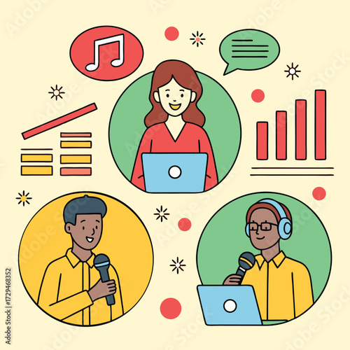 Diverse group of people participating in a virtual meeting or online discussion with microphones and laptops representing communication and collaboration