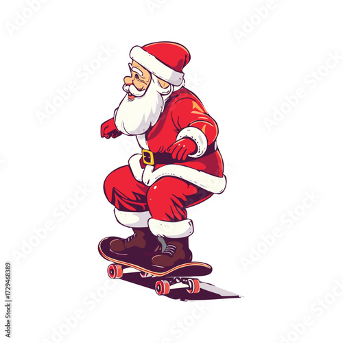 Cartoon illustration of Santa Claus skateboarding, enjoying a fun winter activity.