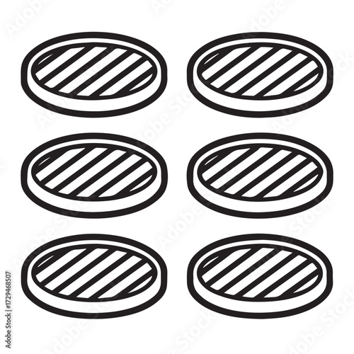 A collection of six grilled patties, each with distinct grill marks, arranged in a neat grid, isolated on white background, perfect for culinary illustrations or barbecuethemed designs
