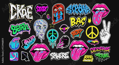 Vibrant Graffiti Art and Pop Culture Stickers Collection Featuring Skulls Lips and Peace Symbols