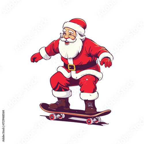 Santa Claus in red suit skateboarding with a smile on a white background.
