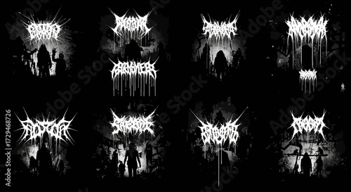Intense Black and White Artwork Featuring Eerie Silhouettes and Guttural Band Logos for Extreme Metal Music Enthusiasts