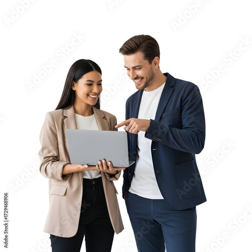 Cheerful diverse business colleagues collaborating on a project using a laptop, isolated on a white background