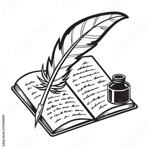 Illustration of a quill pen resting on an open book with an inkwell, representing writing, literature, and history, isolated on white background classic and vintage writing tools