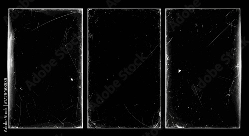 Dark and Moody Triptych with Textured Grunge Overlay and Subtle Light Flecks Evoking a Sense of Vintage Film and Abstract Art