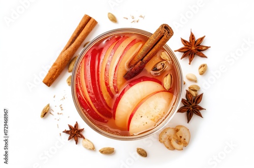 Wallpaper Mural Spiced cocktail featuring hard apple cider with red apple slices, cinnamon, cardamom, and star anise on a white background from above Torontodigital.ca