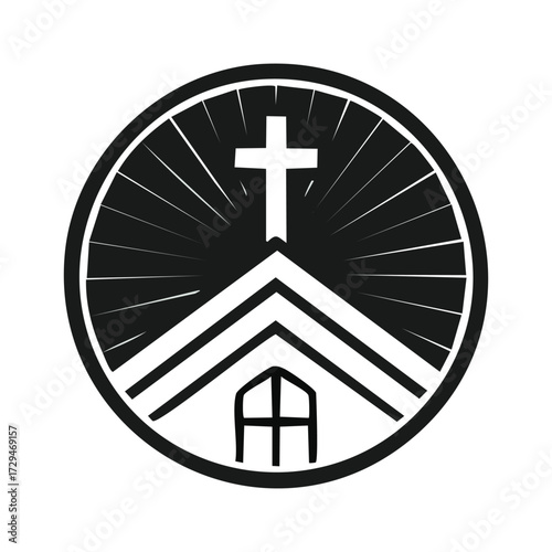 Graphic illustration of a church building with a cross on top, inside a circle with radiating light.
