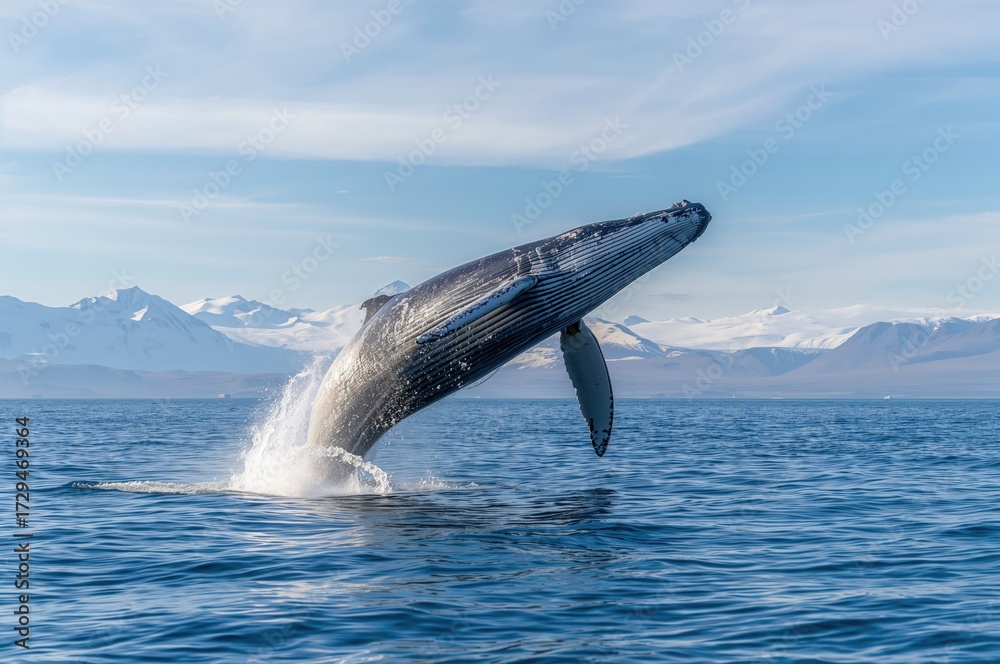 Fototapeta premium Majestic humpback whale breaching in cold northern waters