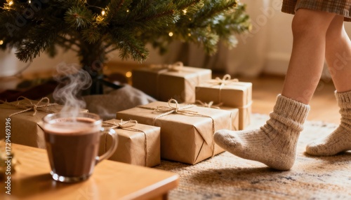 Child in cozy wool socks standing near wrapped gifts under Christmas tree with hot cocoa on table, symbolizing childhood wonder, holiday anticipation, and the warmth of festive traditions.