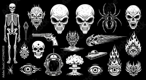 A macabre collection of gothic skeletal figures and monstrous alien heads with apocalyptic and infernal elements including UFOs and explosions