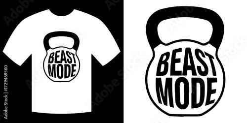 Beast Mode Graphic: A bold, graphic illustration of a kettlebell with the words BEAST MODE, evoking the intensity of fitness and workout. It symbolizes strength, training and athletic performance. 