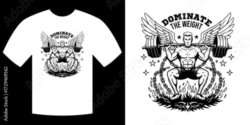 Dominate the Weight Design Illustration: A stylized illustration showcasing a Dominate the Weight design with a strong man lifting weights, exuding strength and determination.