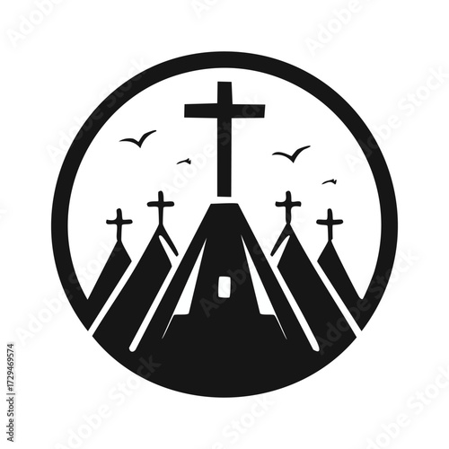 Graphic illustration of crosses atop hills, with birds flying in the sky, within a circular frame.