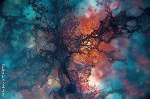 Microscopic view of human cells alongside vibrant dried water droplets