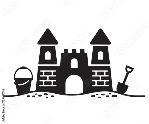 Sandcastle silhouette vector illustration with bucket and shovel, beach summer design of playful castle structure in black and white isolated on white background for vacation, holiday, and seaside art