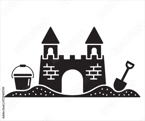 Sandcastle vector silhouette illustration with bucket and shovel on beach theme