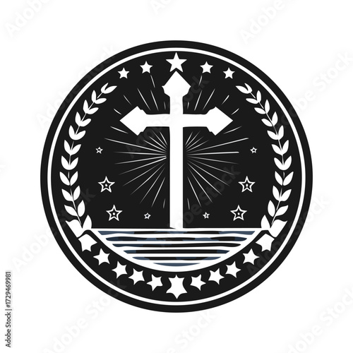 A black and white emblem featuring a Christian cross with radiating lines, stars, and laurel leaves.