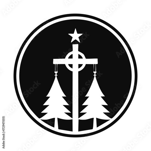 A black and white circular logo featuring a cross, star, and two stylized evergreen trees.