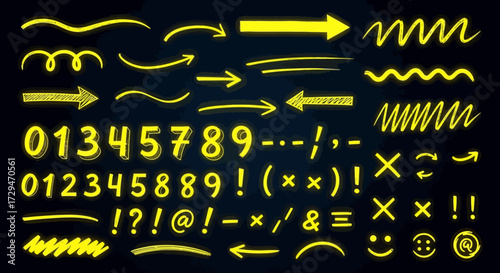 A Collection of Bright Yellow Neon Hand Drawn Arrows Numbers Symbols and Shapes Against a Dark Blue Background Perfect for Digital Design and Illustration Projects