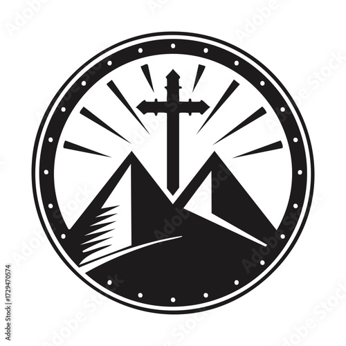 A black and white circular emblem featuring a cross above mountains and rays.