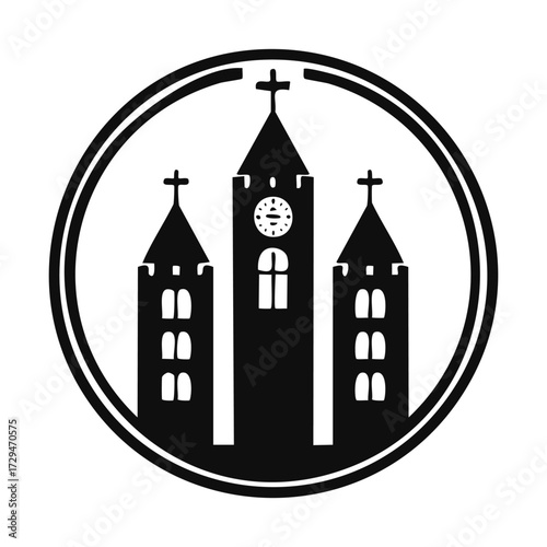 Silhouette of a church with three towers, featuring crosses and a clock, enclosed in a double circle.
