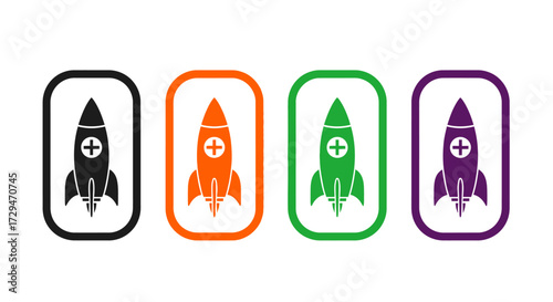 Four Stylized Rocket Icons in Different Colors Representing Innovation and Progress in Healthcare Technology and Exploration