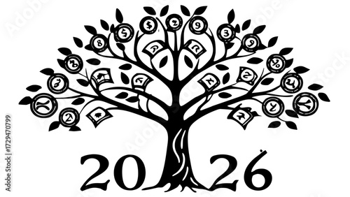 Vector art of a prosperity tree with numbers 2026 on a transparent background