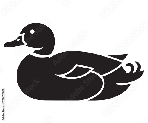Duck vector silhouette illustration of water bird side view in black and white