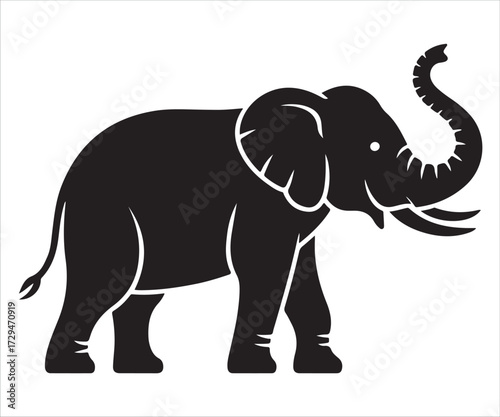 Full body elephant vector silhouette with tusks and trunk in black and white