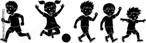 Silhouetted children playing outdoors, jumping, running, and interacting in energetic motion, capturing joyful childhood activity and social interaction scene.