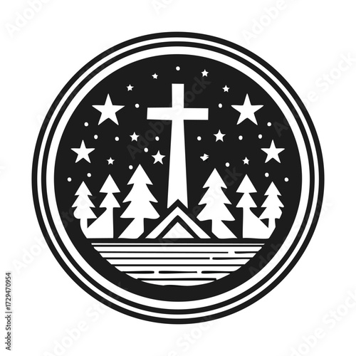 A circular emblem featuring a cross, trees, stars, and a mountain peak, set against a night sky, all in black and white.